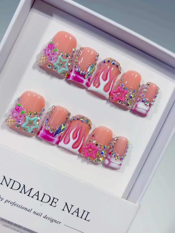 Nude Pink White Silver Multicolor Abstract Star Flame Rhinestone press on nails video