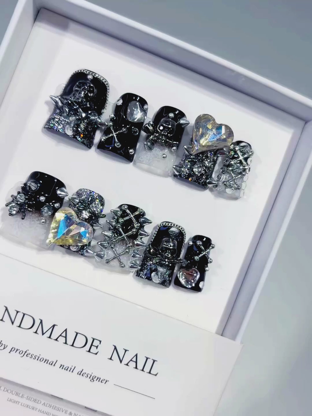 Black Silver White Glitter Heart Star Cross Skull 3D press on nails video