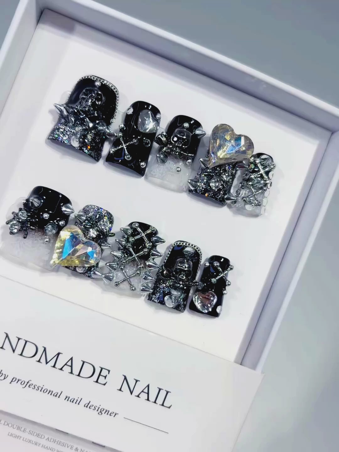 Black Silver White Glitter Heart Star Cross Skull 3D press on nails video