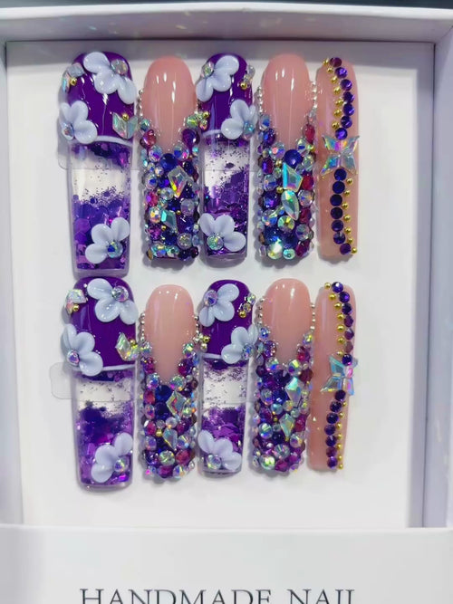 Purple Nude White Blue Silver Gold Multicolor Glitter Flower Rhinestone Crystal Cluster Star 3D press on nails video