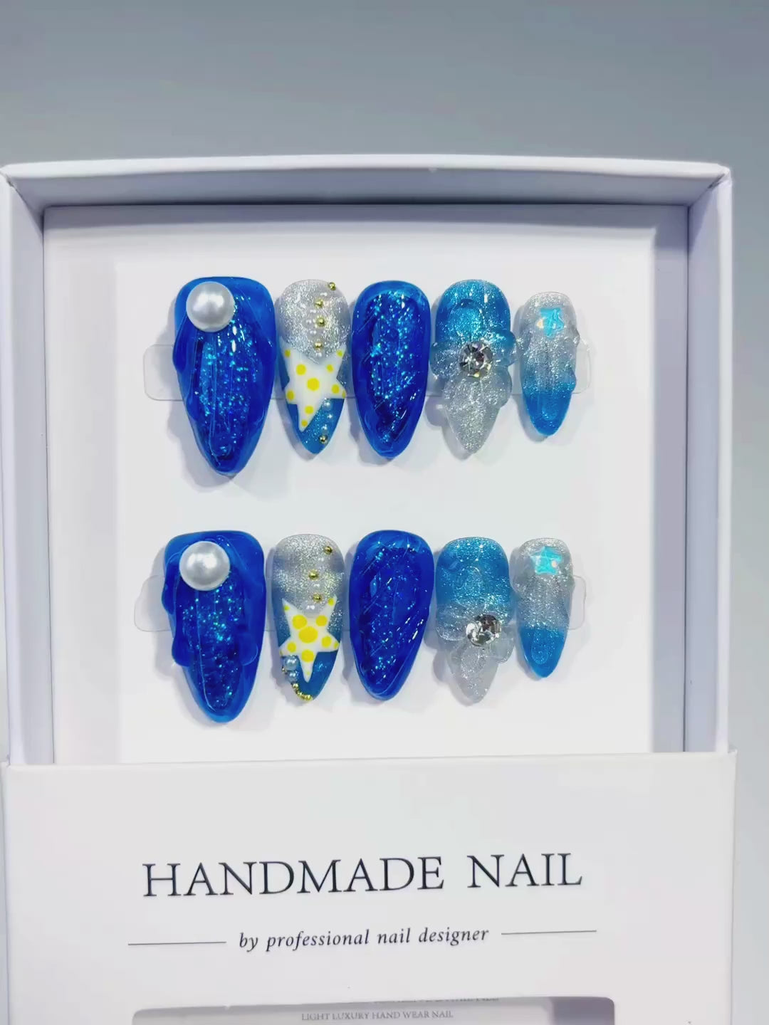 Blue Silver White Yellow Glitter Pearl Rhinestone Bow 3D press on nails video