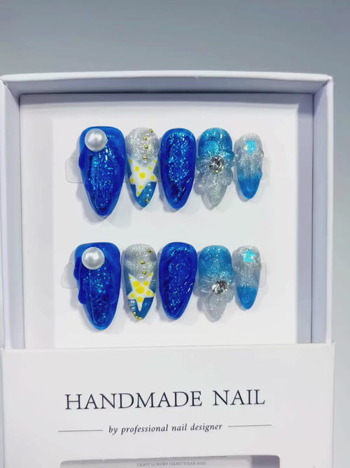 Blue Silver White Yellow Glitter Pearl Rhinestone Bow 3D press on nails video