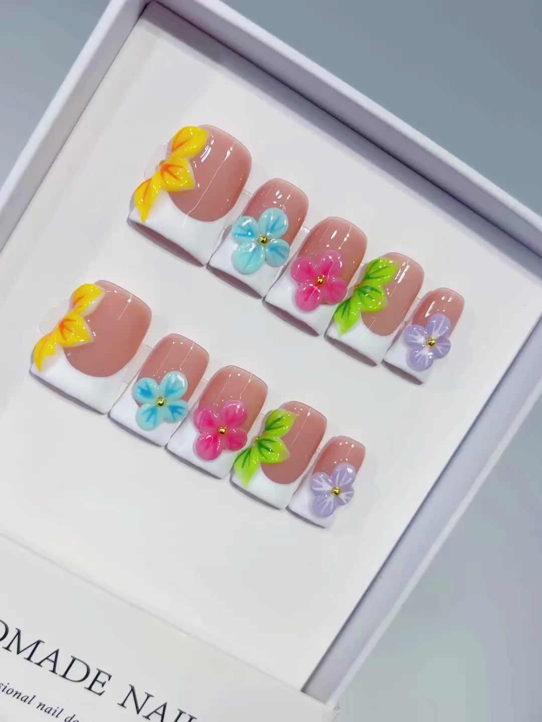 Nude Orange Blue Green Abstract Flower 3D press on nails video