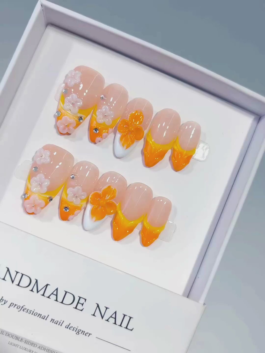Nude Orange White French tip Flower Rhinestone press on nails video