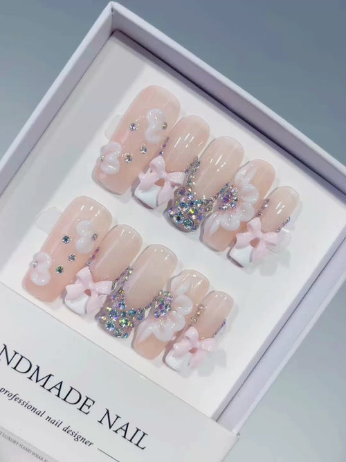 Nude White Silver Solid color Flower Bow Rhinestone press on nails video