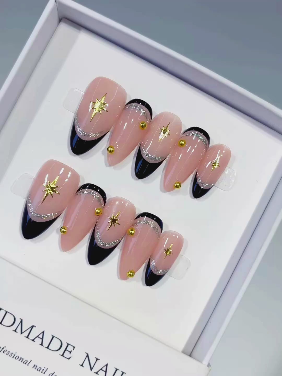 Nude Black Gold French tip Star Gold Stud press on nails video