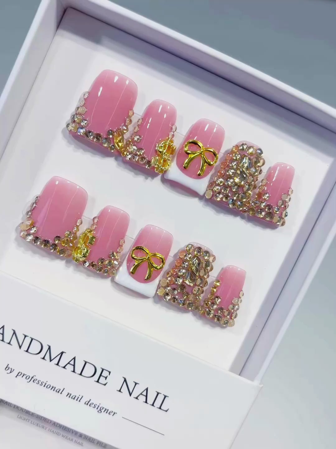 Pink White Gold Glitter Bow press on nails video