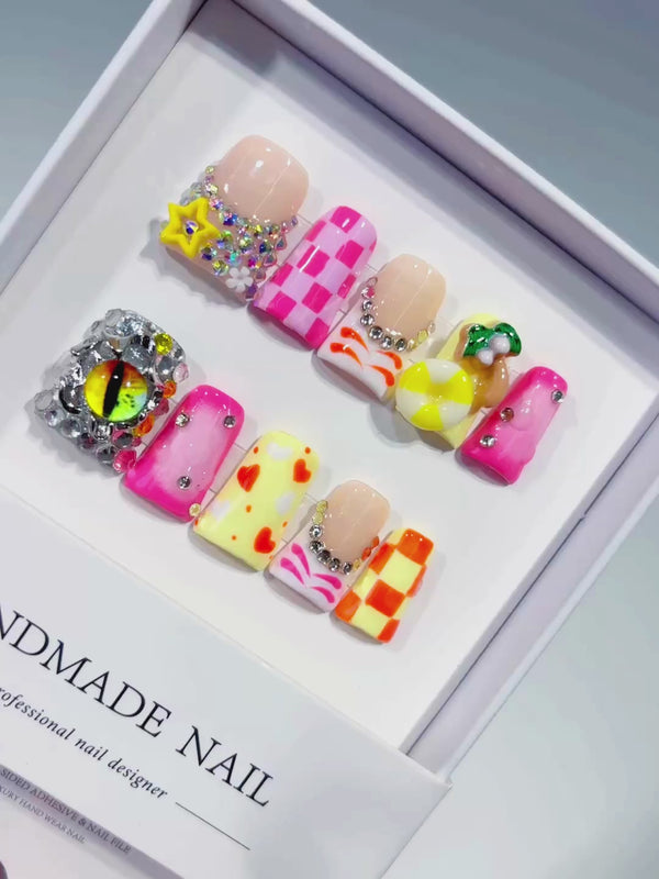 Nude Pink Yellow Orange Silver White Abstract Heart Checkered Fruit Rhinestone 3D press on nails video