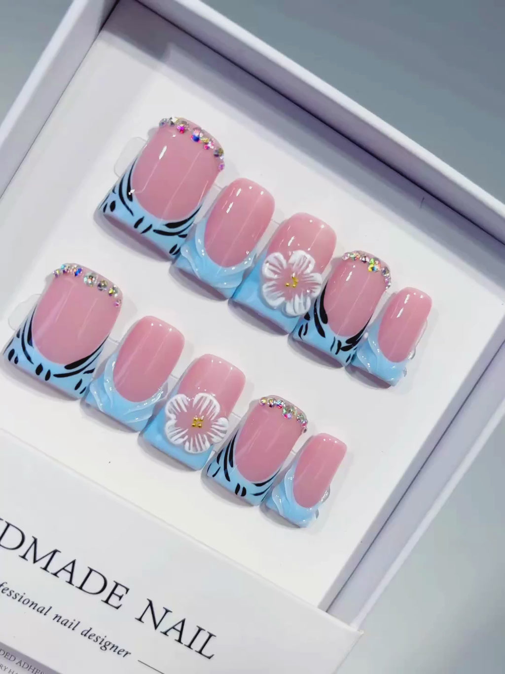 Pink Blue Black White Silver Abstract Flower Rhinestone press on nails video