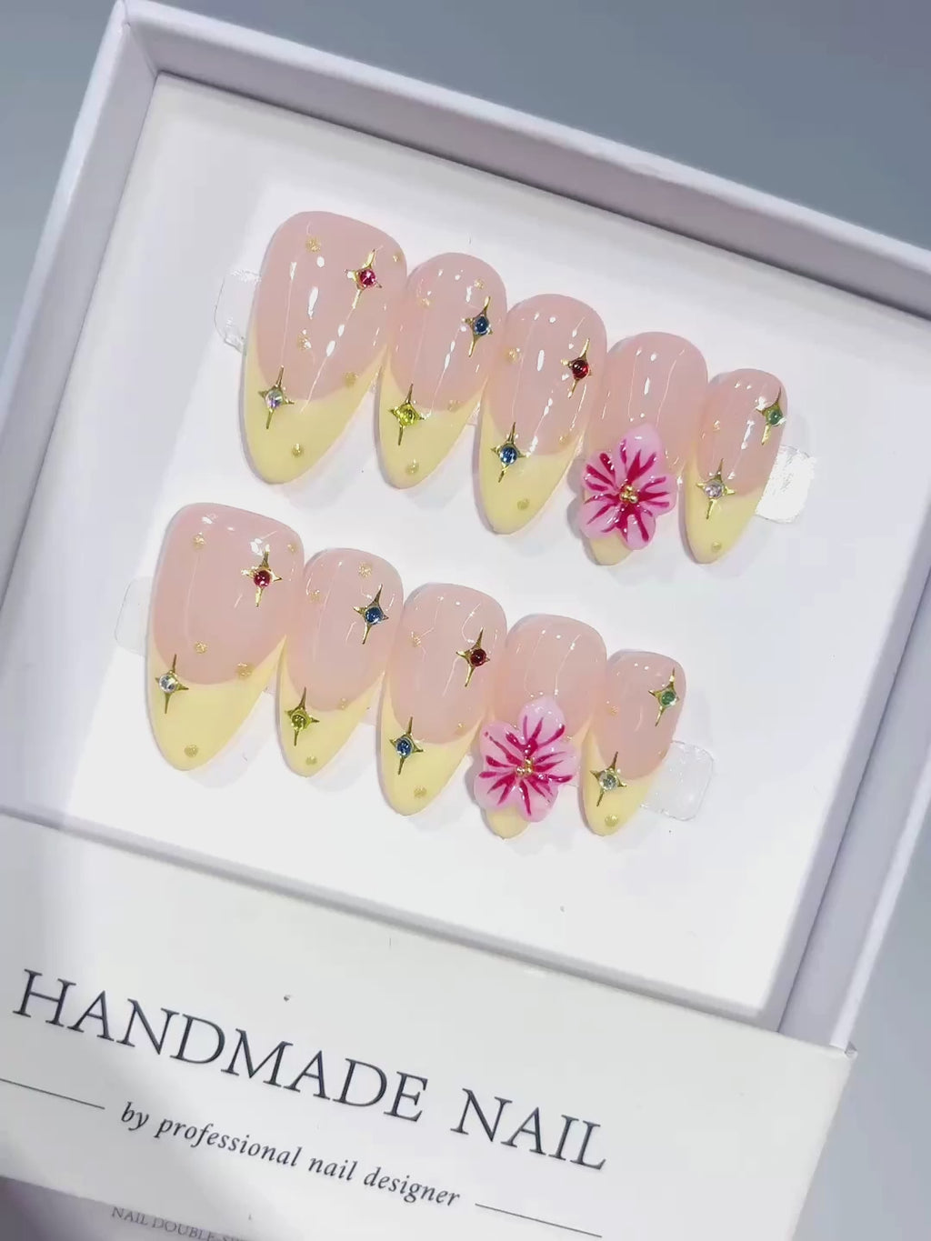 C458 - Medium Nude Yellow Almond French Tip 3D Flowers - product video 1