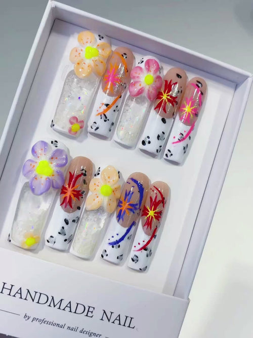 White Nude Orange Pink Red Blue Black Silver Abstract Flower Glitter Confetti Starburst 3D press on nails video