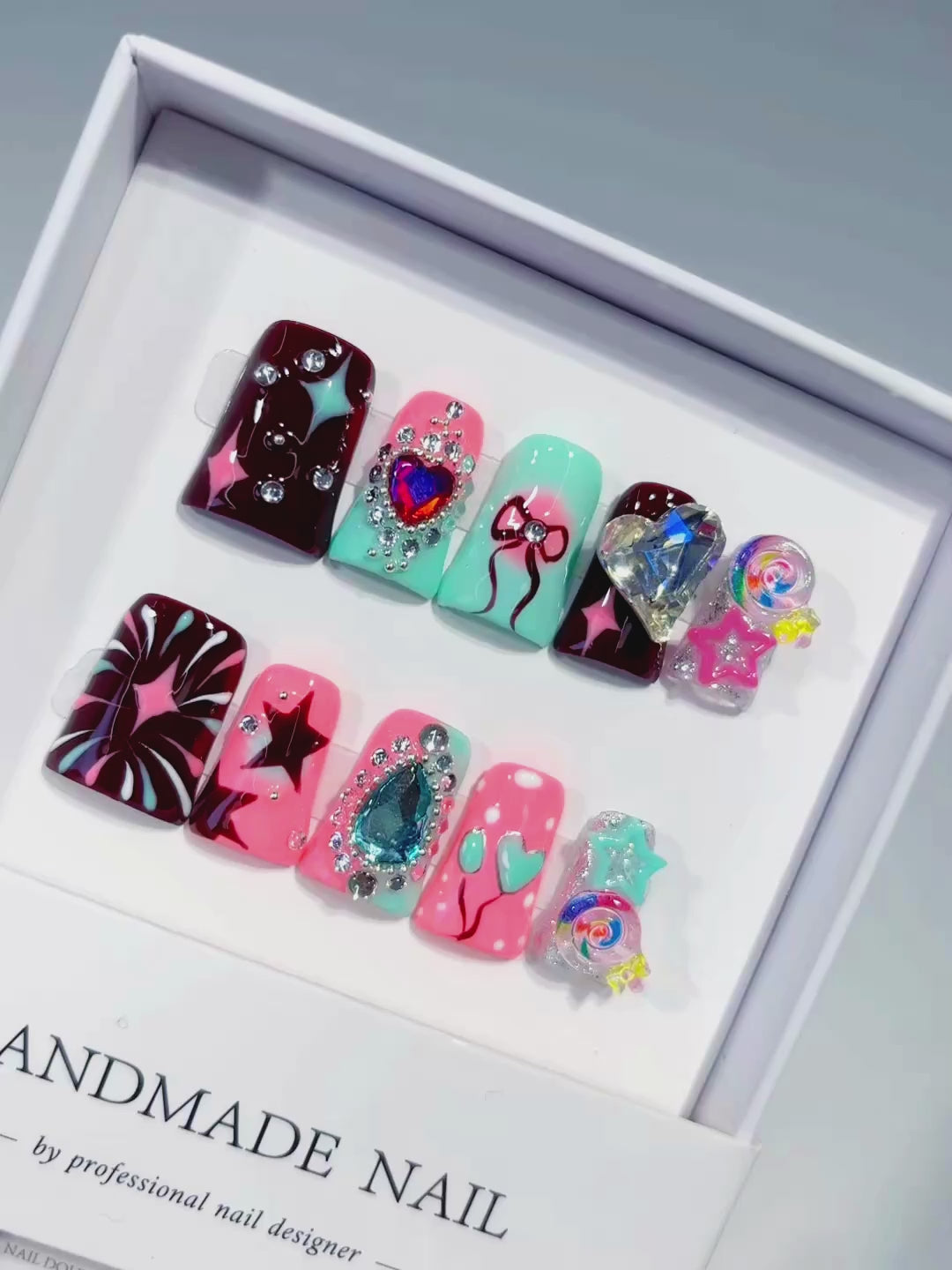 Red Pink Blue Silver Abstract Heart Bow Star Lollipop Rhinestone 3D press on nails video