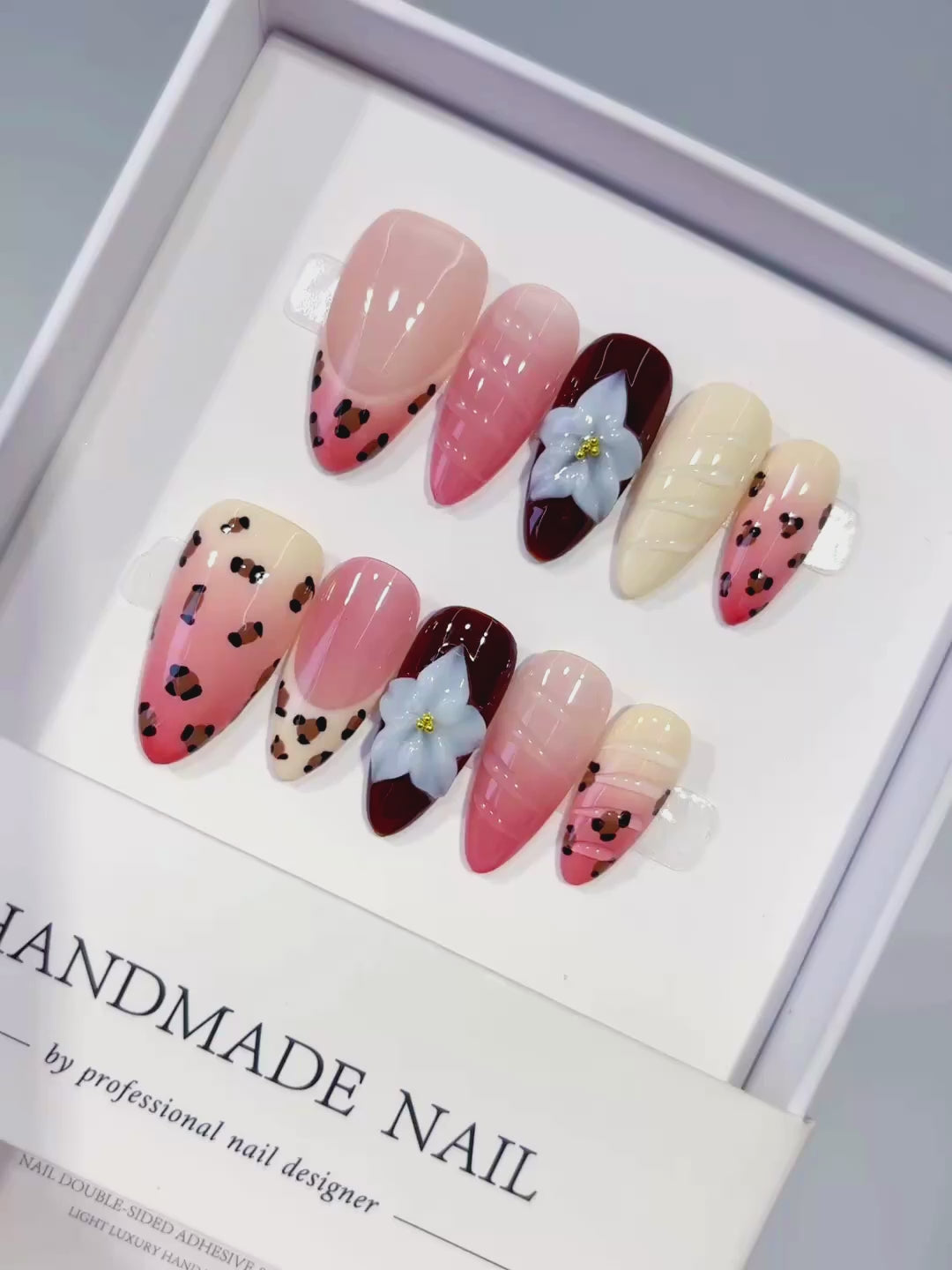 Pink Red Nude Brown Blue Abstract Flower Animal Print Shell press on nails video