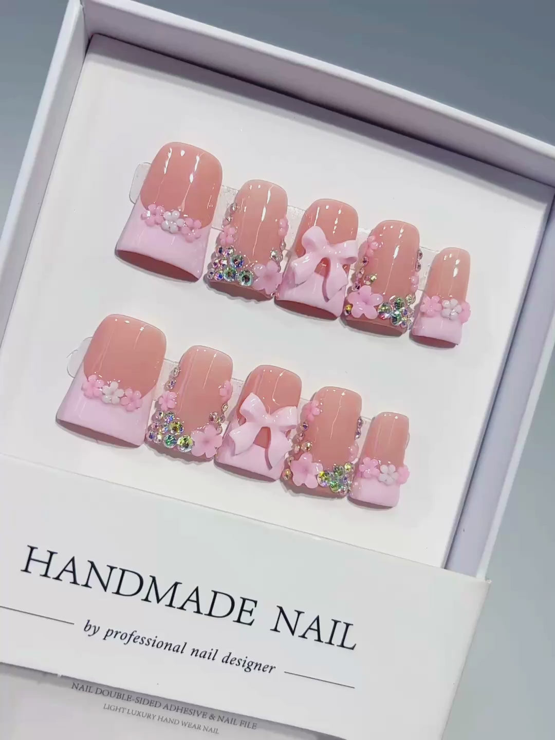 Nude Pink White Gold French tip Flower Bow Rhinestone 3D press on nails video