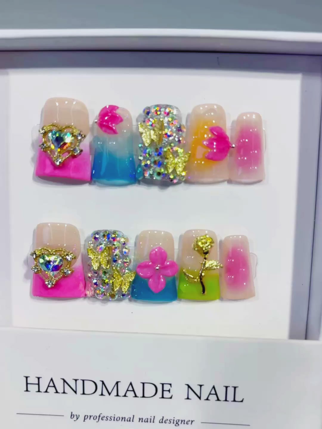 Nude Pink Blue Green Gold Silver Abstract Heart Flower Rose Rhinestone press on nails video
