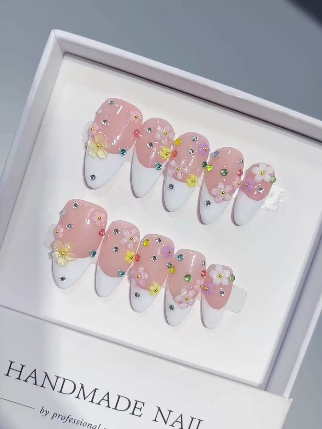 C457 - Medium Nude Pink Almond French Tip Multicolor Rhinestones - product video 1