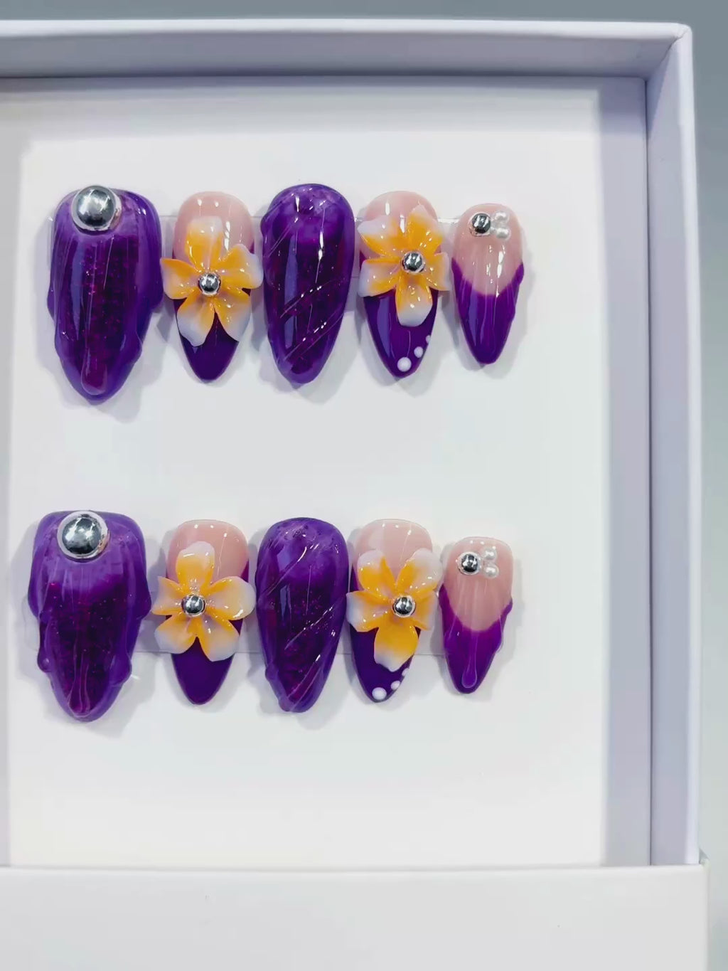 Purple Nude Yellow Orange Silver Abstract Flower Rhinestone Marble press on nails video