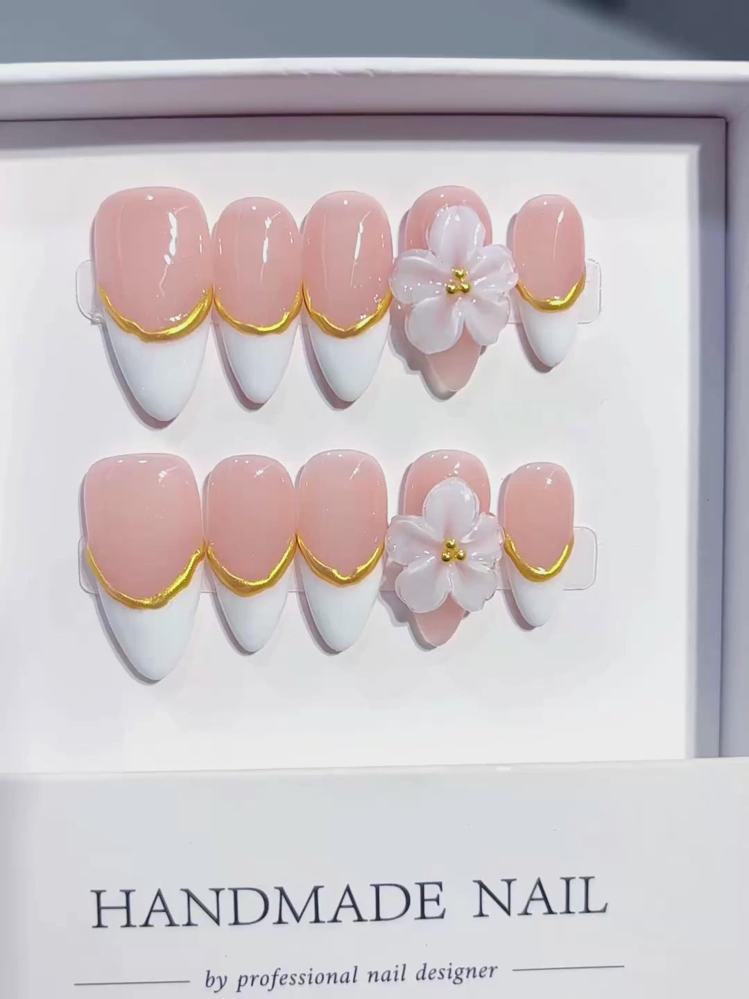 C456 - Medium Nude Gold Almond French Tip 3D Flowers - product video 1