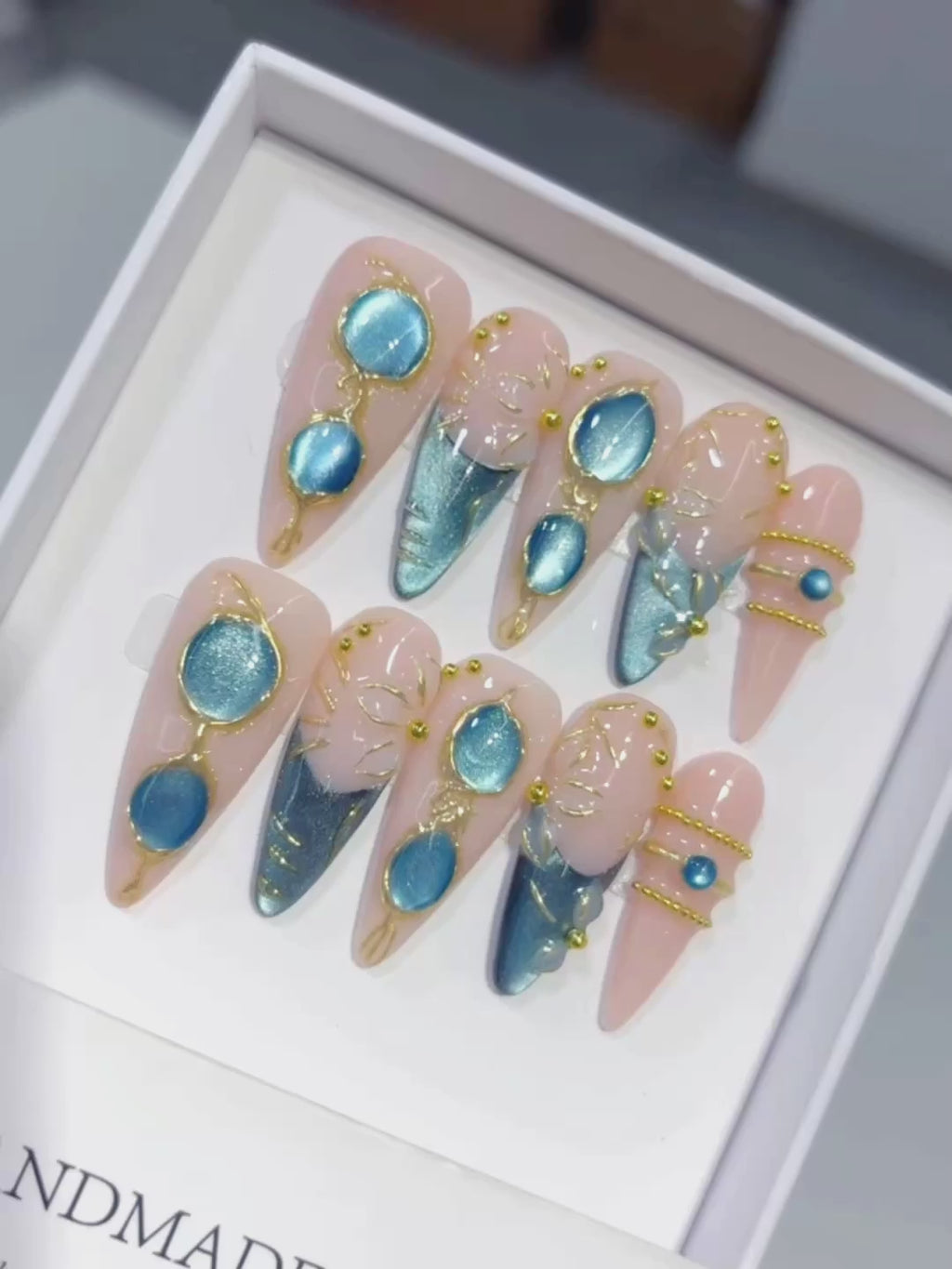 D658 - Long Nude Teal Stiletto Cat Eye Teardrop Gems - product video 1
