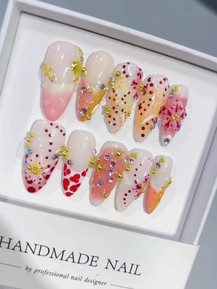 K046 - Long Nude Red Almond Multicolor French Polka Dot Flowers - product video 1