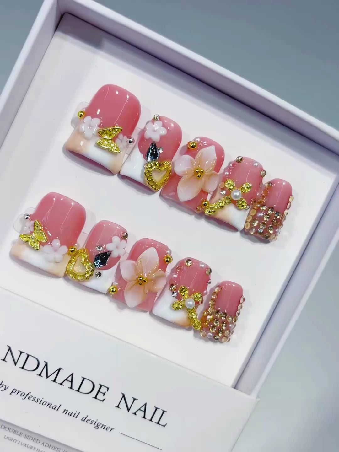 Pink White Gold Blue Abstract Flower Butterfly Heart Rhinestone press on nails video