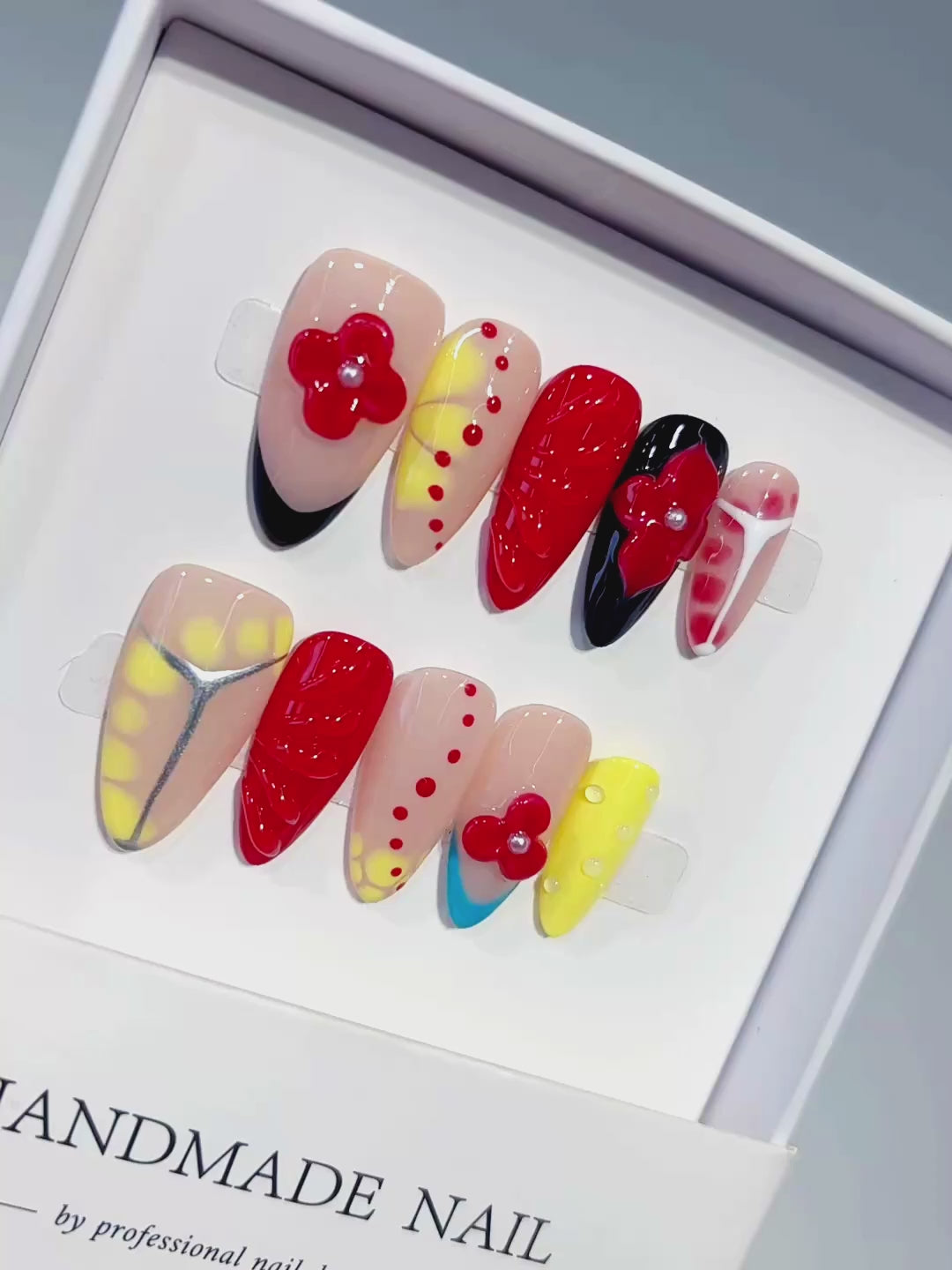 Nude Red Yellow Blue Black Abstract Flower Heart Dot Pattern press on nails video
