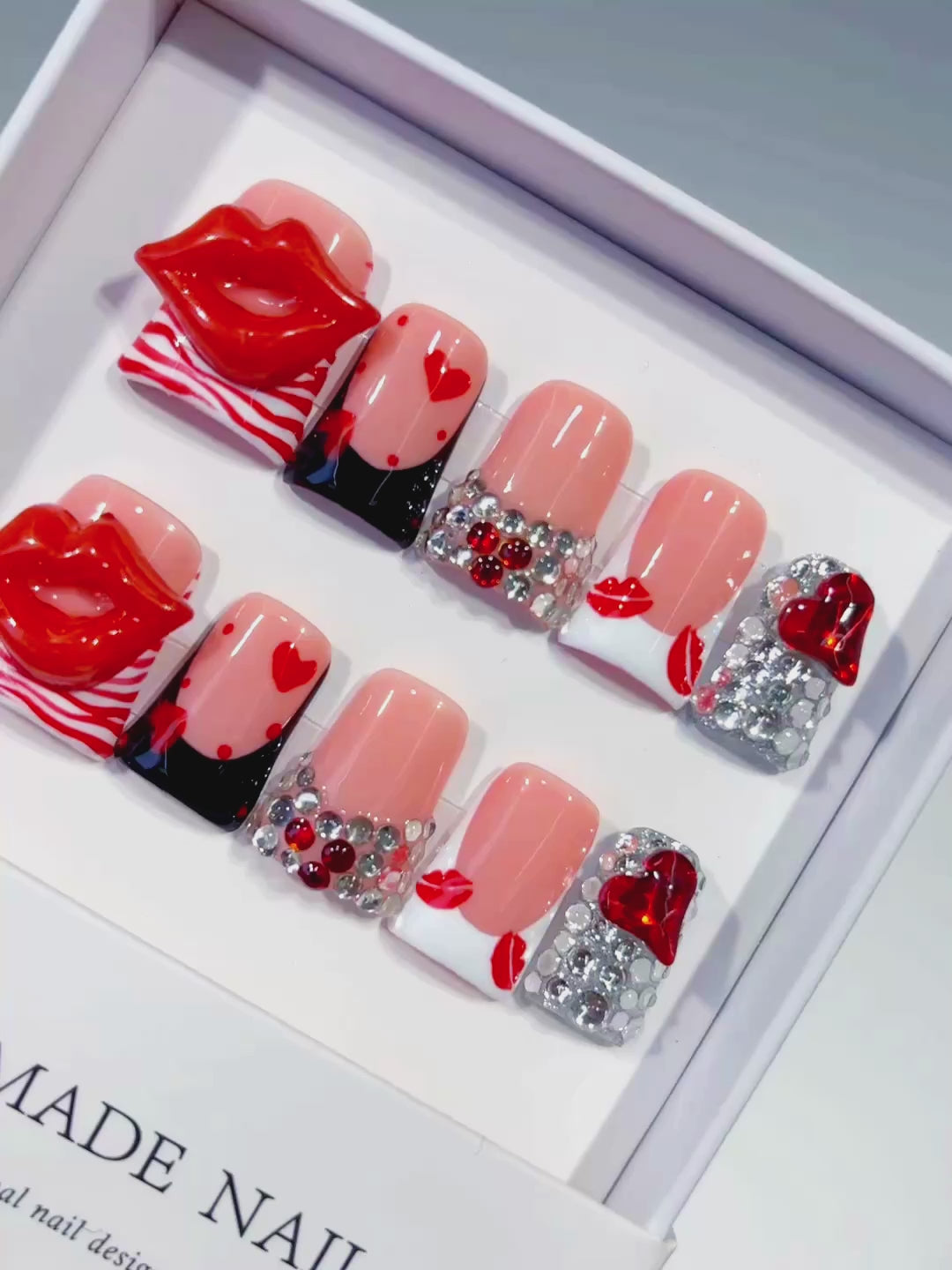 Nude Red White Silver Abstract Lip Heart Rhinestone 3D press on nails video