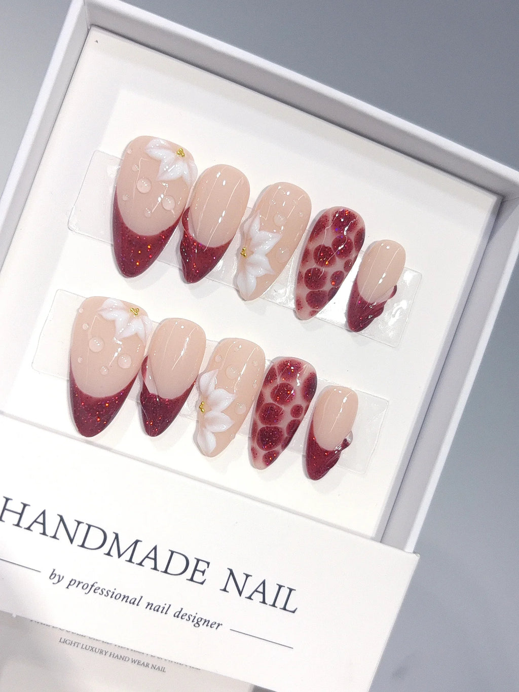 D669 - Medium Nude Burgundy Almond Cat Eye French Tip 3D Flowers - view 1