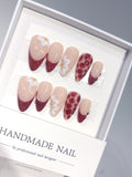 D669 - Medium Nude Burgundy Almond Cat Eye French Tip 3D Flowers - view 1