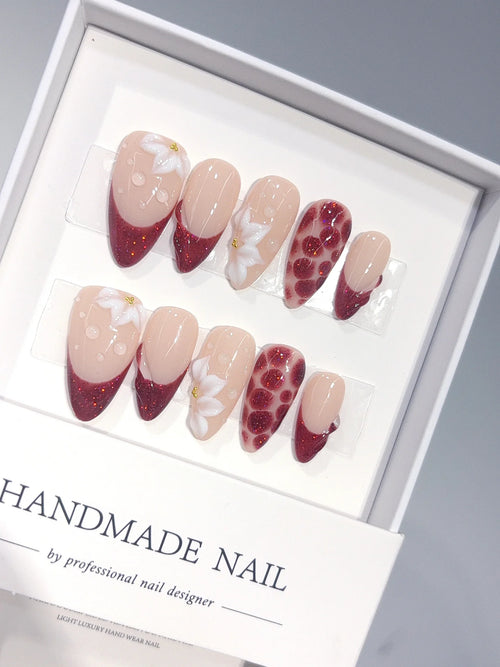 D669 - Medium Nude Burgundy Almond Cat Eye French Tip 3D Flowers - view 1