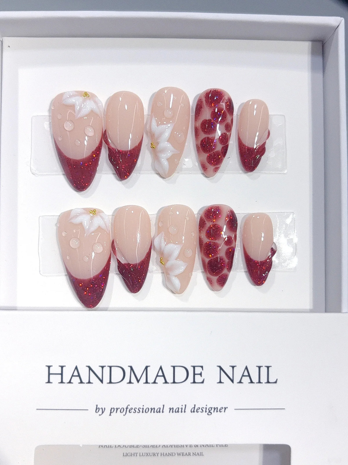 D669 - Medium Nude Burgundy Almond Cat Eye French Tip 3D Flowers - view 2