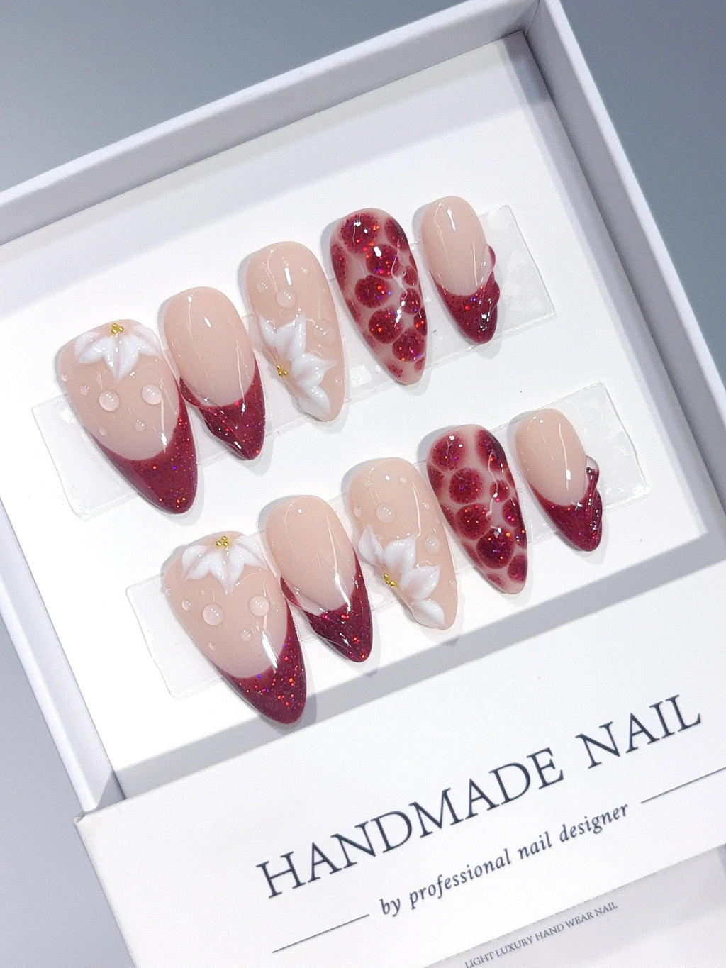 D669 - Medium Nude Burgundy Almond Cat Eye French Tip 3D Flowers - view 3