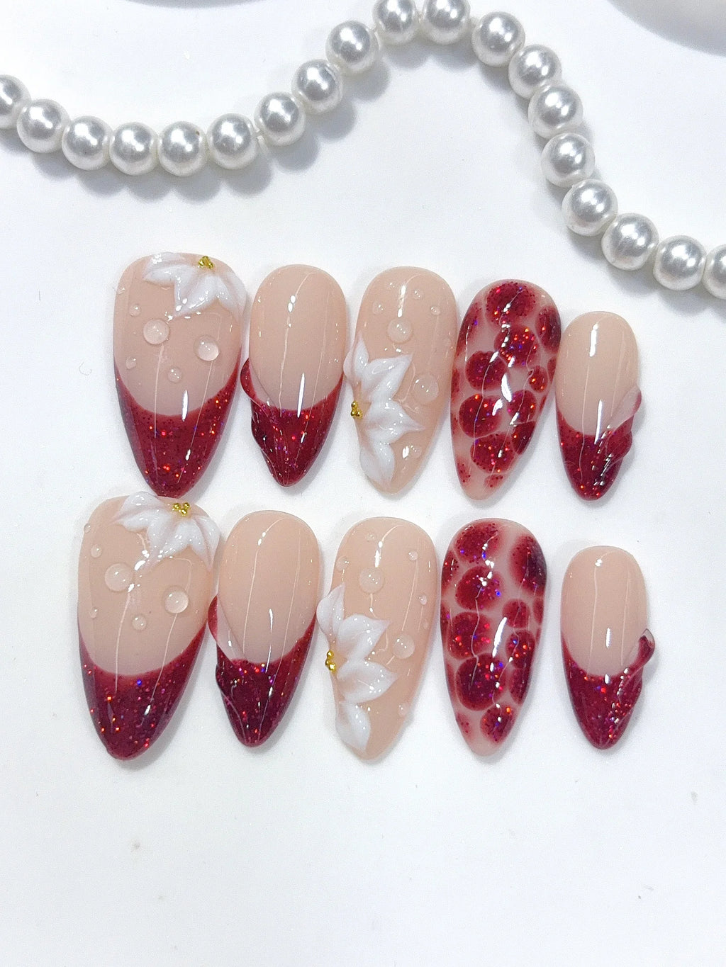 D669 - Medium Nude Burgundy Almond Cat Eye French Tip 3D Flowers - view 4
