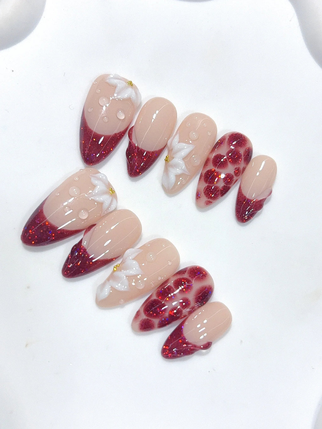 D669 - Medium Nude Burgundy Almond Cat Eye French Tip 3D Flowers - view 5
