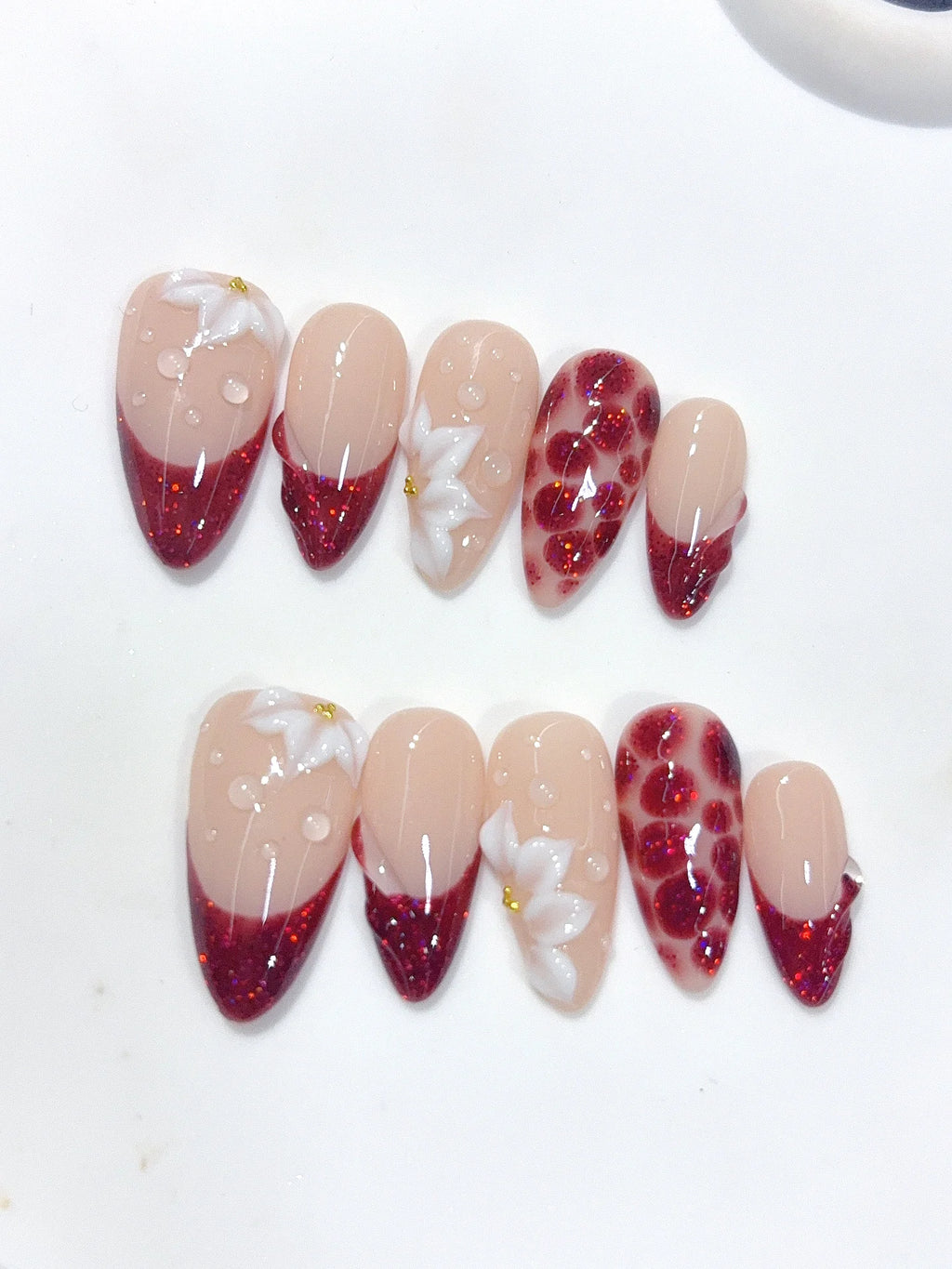 D669 - Medium Nude Burgundy Almond Cat Eye French Tip 3D Flowers - view 7