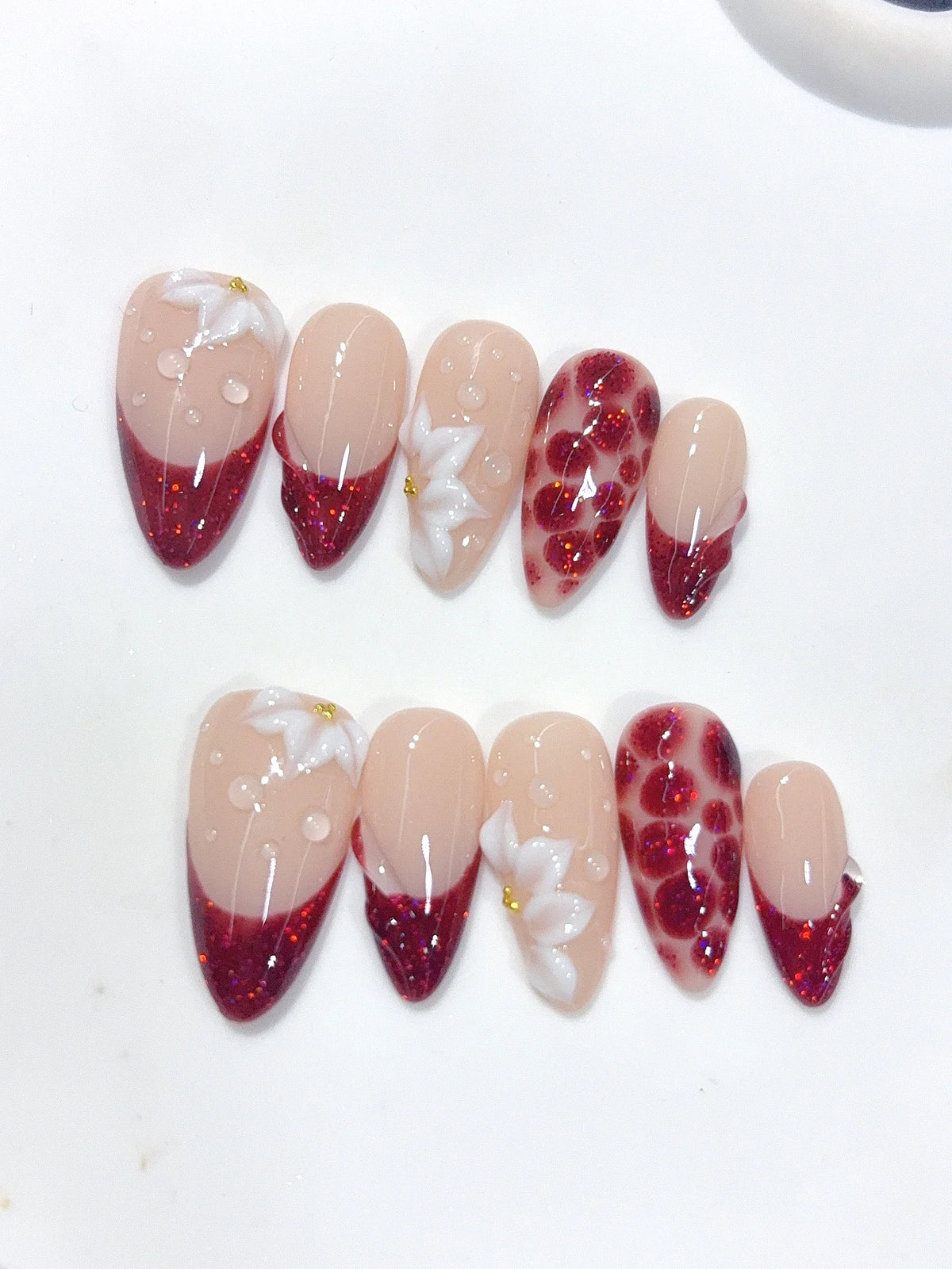 D669 - Medium Nude Burgundy Almond Cat Eye French Tip 3D Flowers - view 7