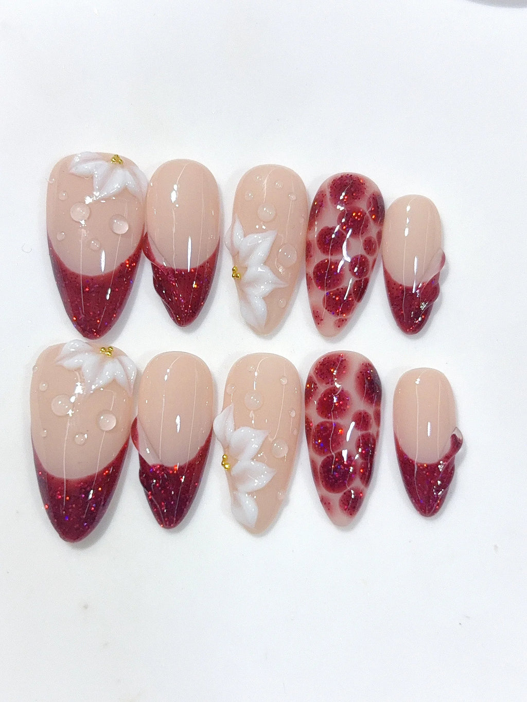 D669 - Medium Nude Burgundy Almond Cat Eye French Tip 3D Flowers - view 8