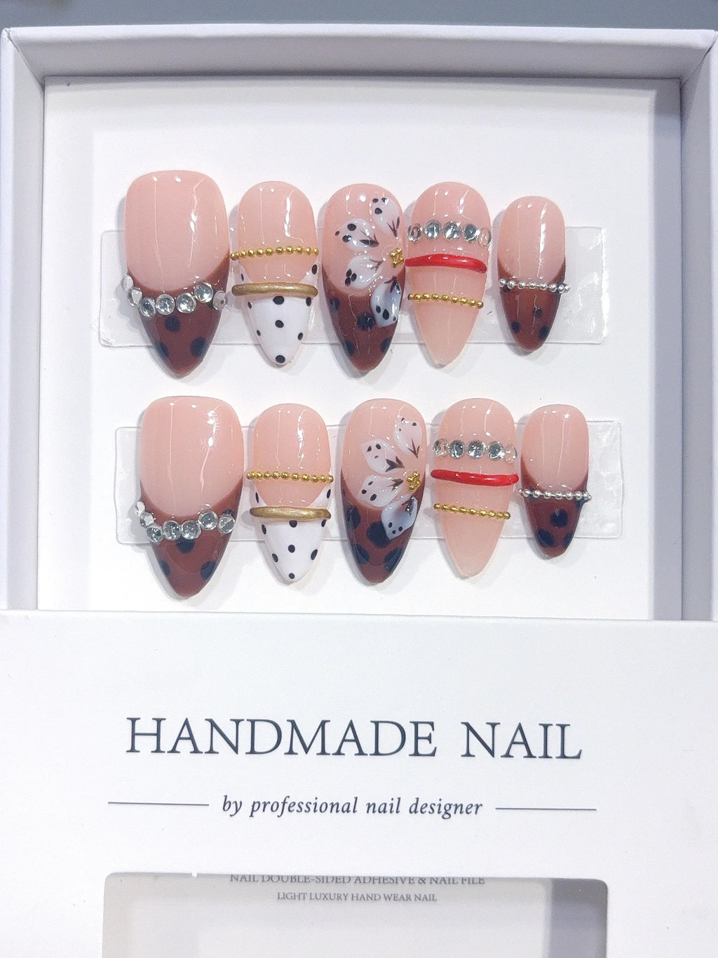 D670 - Medium Nude Brown Almond Polka Dot French Tip Rhinestones - view 2