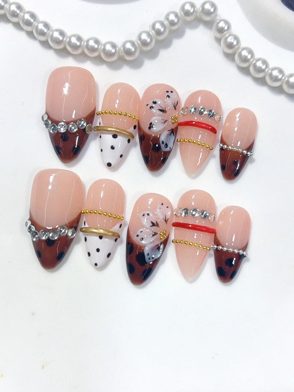 D670 - Medium Nude Brown Almond Polka Dot French Tip Rhinestones - view 4