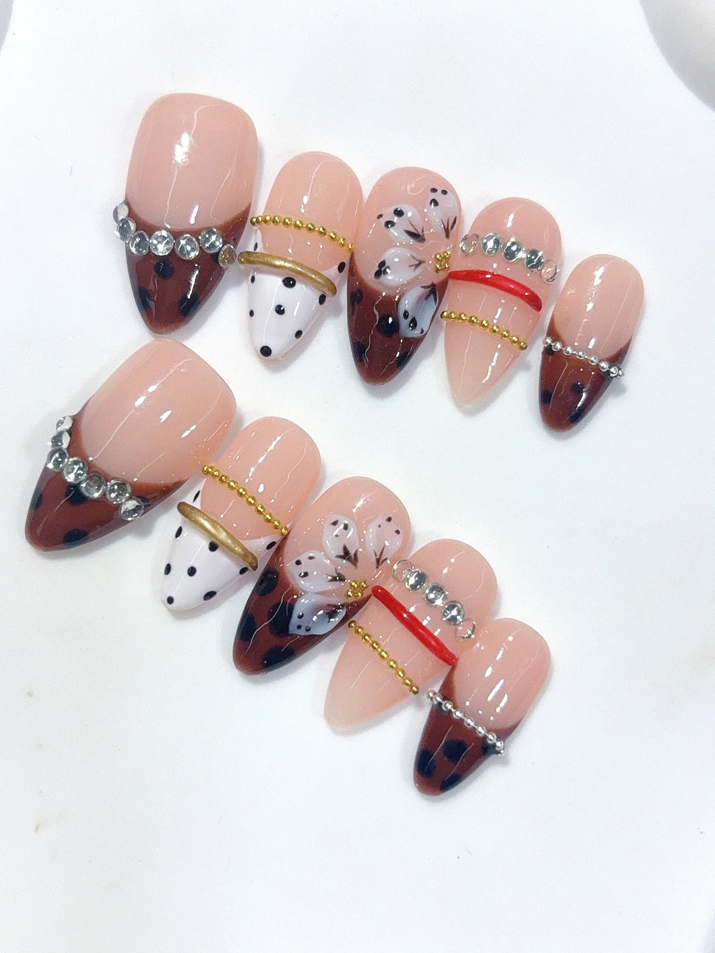 D670 - Medium Nude Brown Almond Polka Dot French Tip Rhinestones - view 5