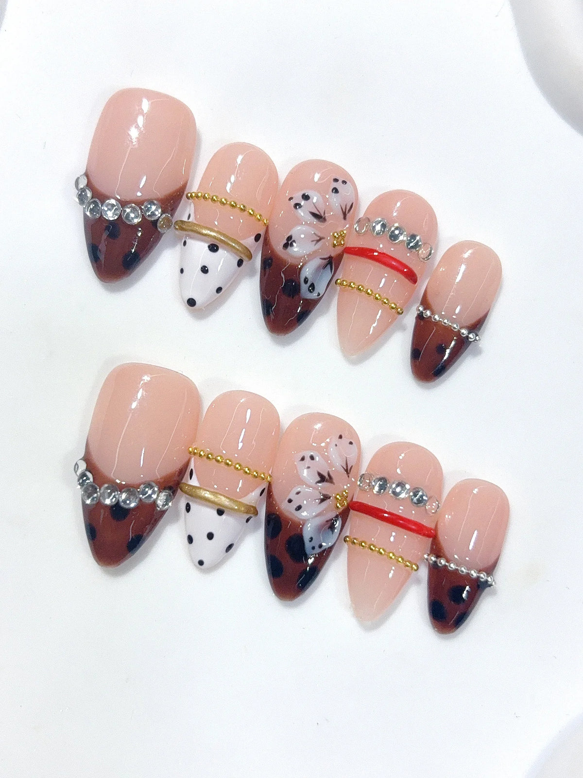 D670 - Medium Nude Brown Almond Polka Dot French Tip Rhinestones - view 6