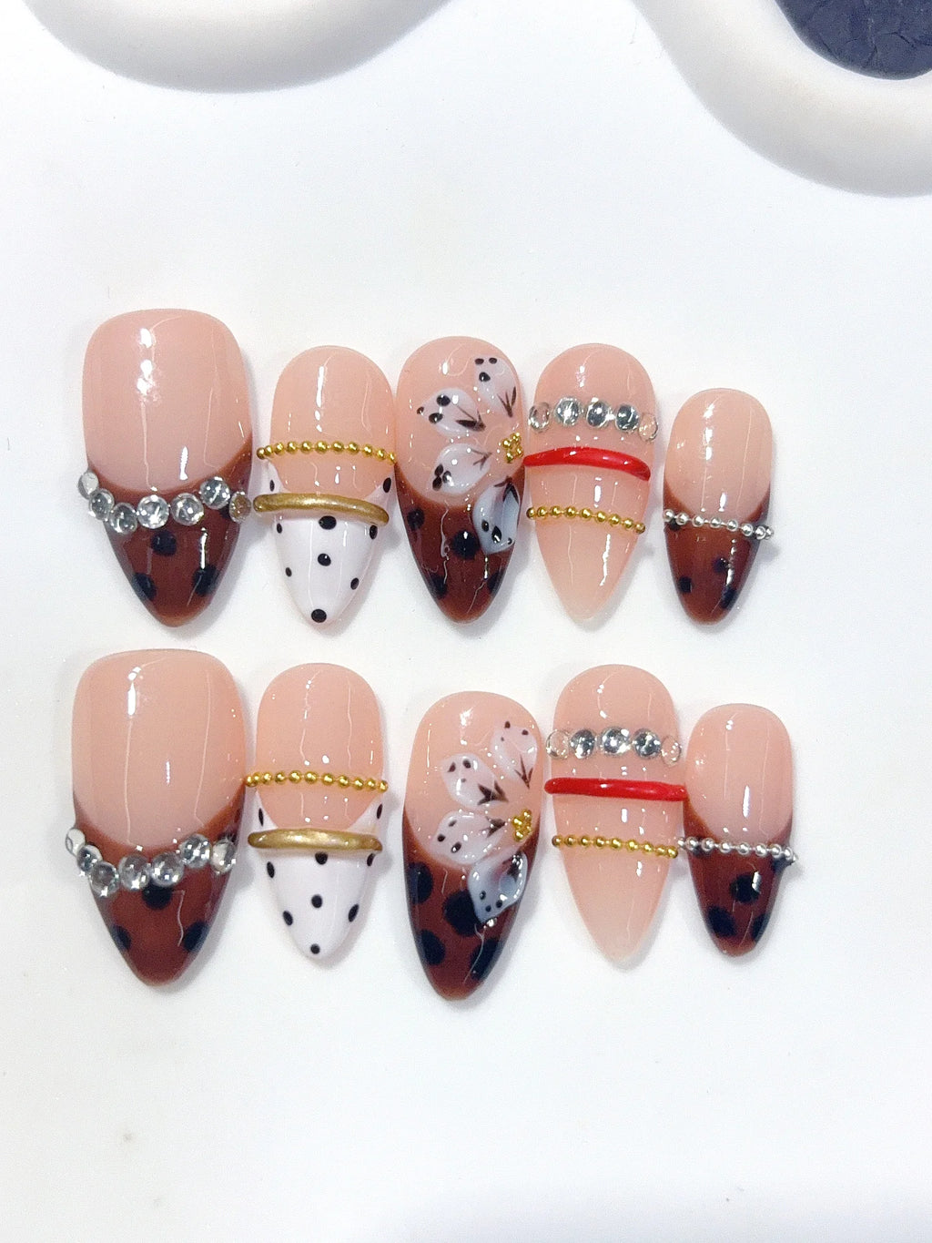 D670 - Medium Nude Brown Almond Polka Dot French Tip Rhinestones - view 7