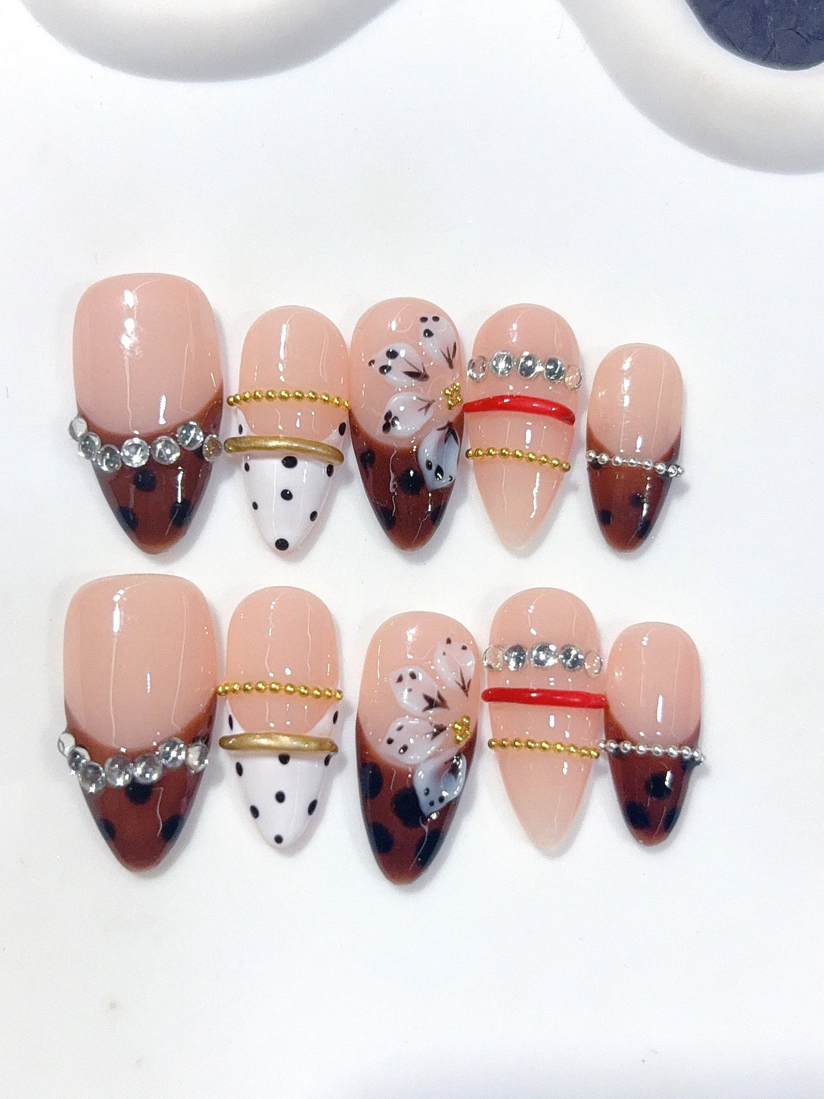 D670 - Medium Nude Brown Almond Polka Dot French Tip Rhinestones - view 7