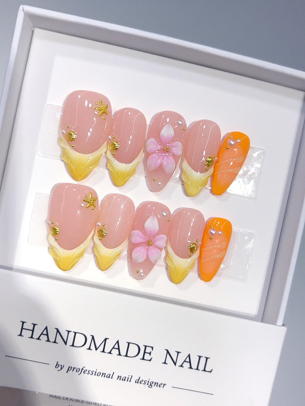 D671 - Medium Nude Yellow Almond Ombre French Tip 3D Flower - view 1