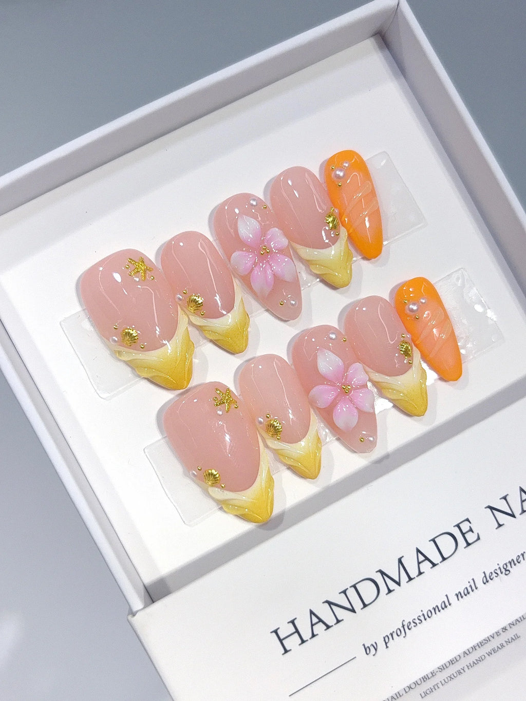 D671 - Medium Nude Yellow Almond Ombre French Tip 3D Flower - view 3