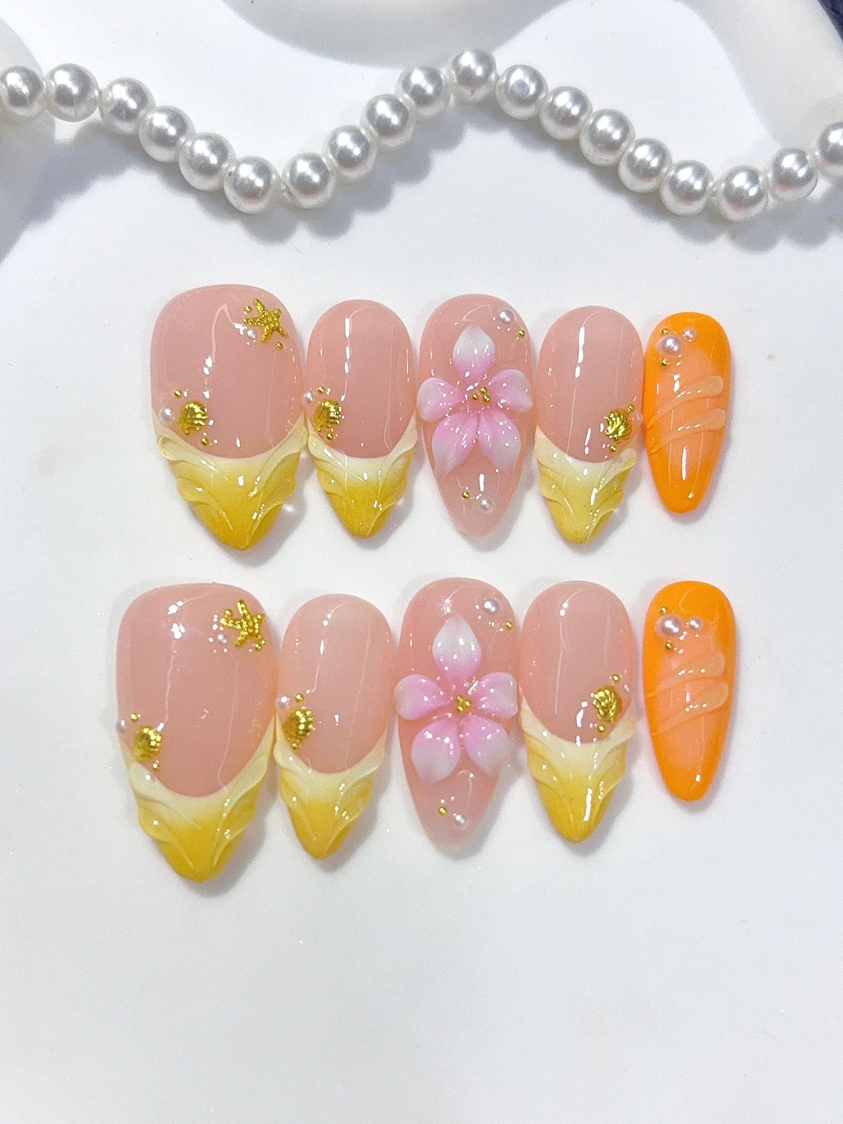 D671 - Medium Nude Yellow Almond Ombre French Tip 3D Flower - view 4