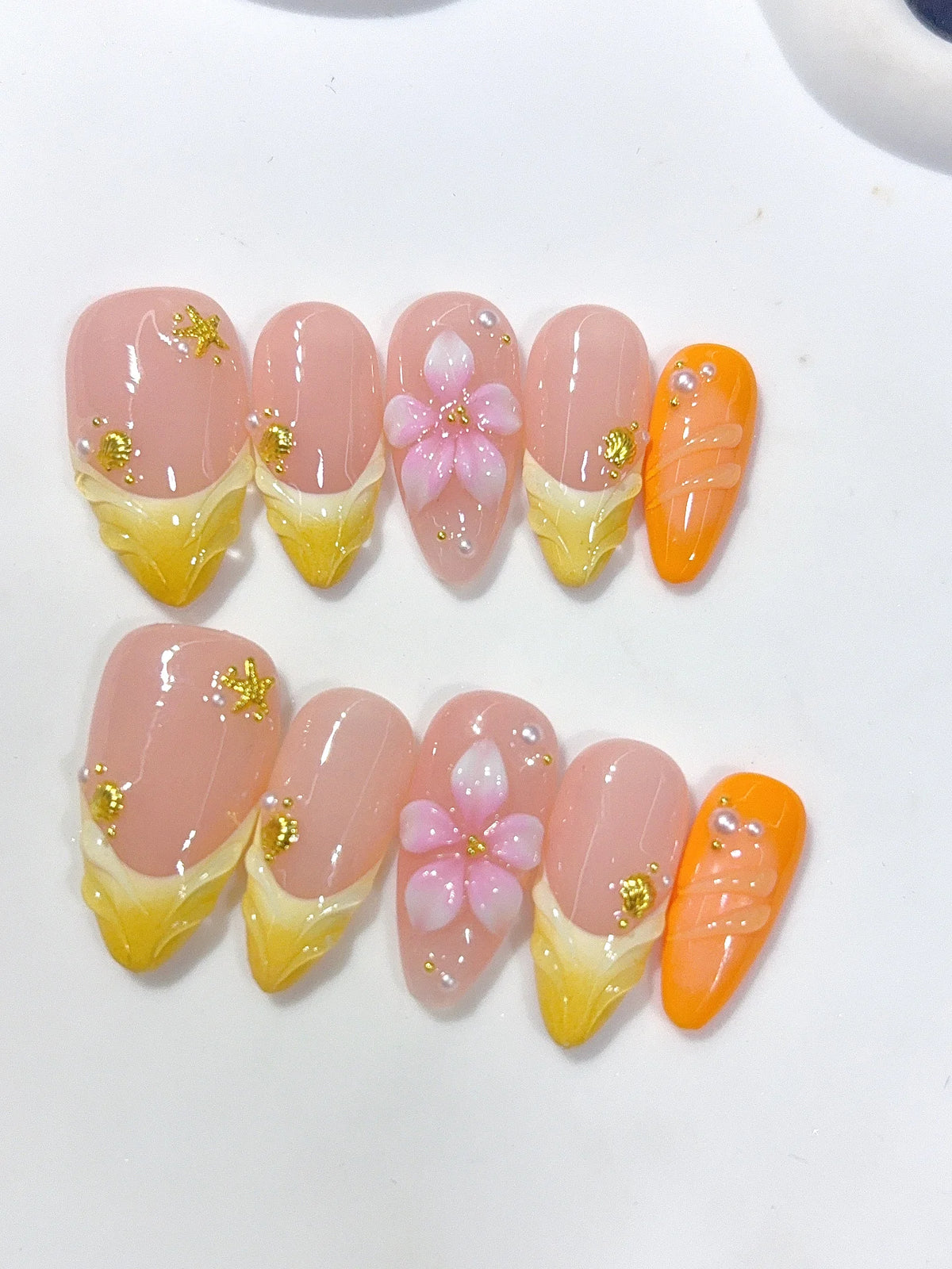 D671 - Medium Nude Yellow Almond Ombre French Tip 3D Flower - view 5