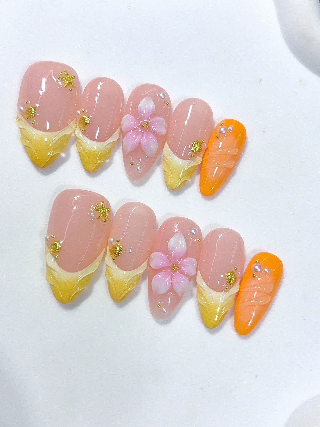 D671 - Medium Nude Yellow Almond Ombre French Tip 3D Flower - view 6