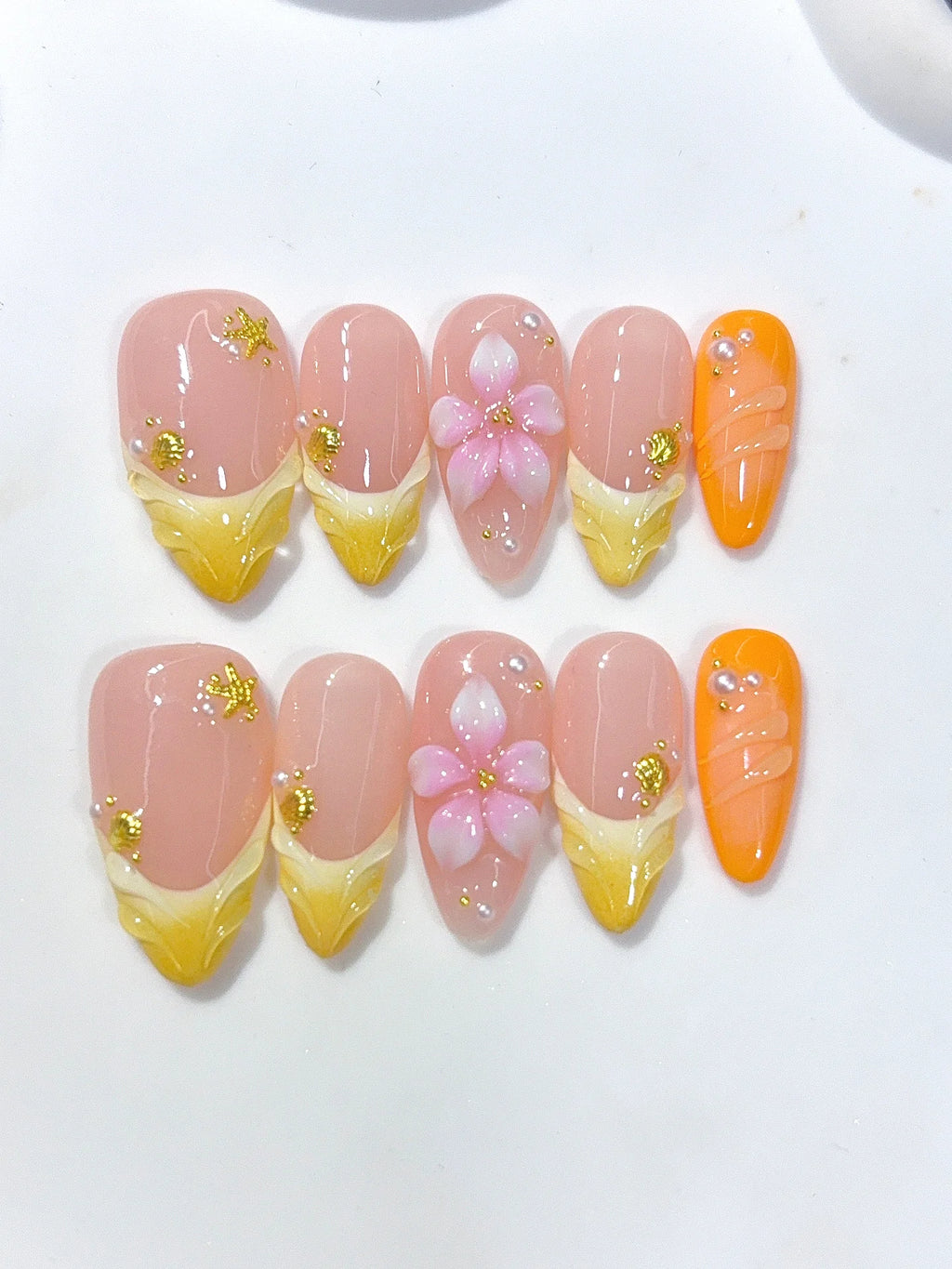 D671 - Medium Nude Yellow Almond Ombre French Tip 3D Flower - view 7