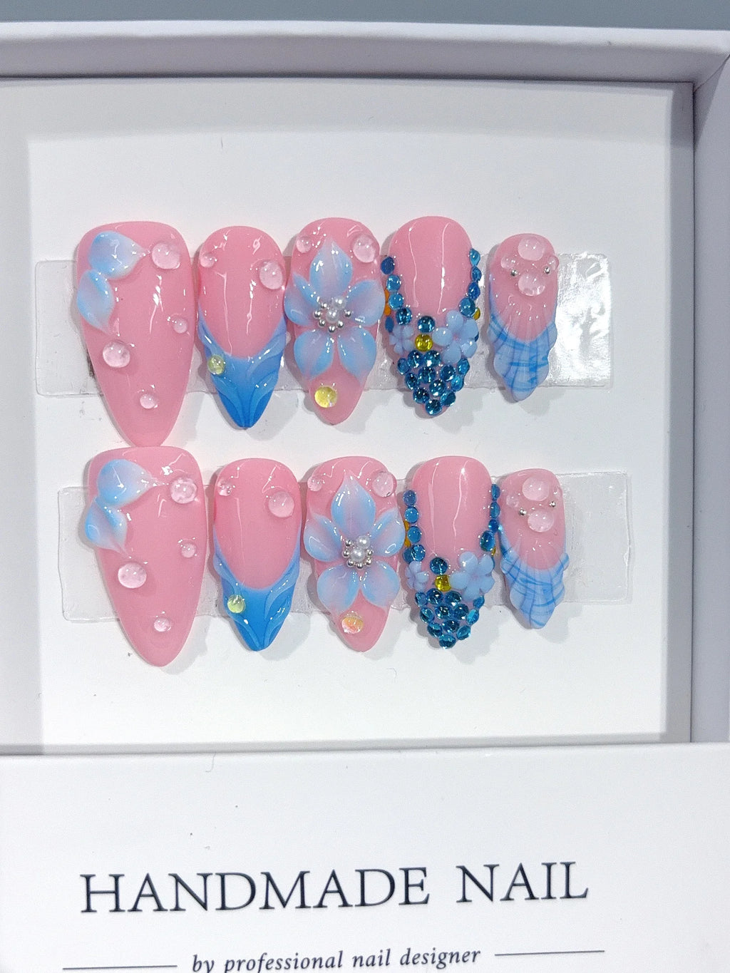 D672 - Medium Pink Blue Almond French Tip 3D Flower Rhinestones - view 2